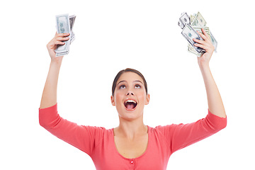 Image showing Studio money, celebration and woman excited for lottery win, competition prize or cash dollar award. Finance trading, payment or winner of poker, bingo or casino gambling isolated on white background