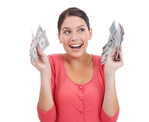 Image showing Finance, happy and deal with woman and money for investment, success and growth. Cash, dollar and wow with face of girl customer isolated on white background for financial, sale and promotion