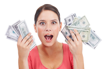 Image showing Wow, money and winner with portrait of woman for investment, success and growth. Cash, dollar and finance with face of girl customer isolated on white background for financial, deal and promotion