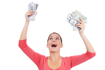 Image showing Studio money, excited and woman celebrate winning lottery, competition prize or cash dollar award. Finance trading, payment or winner of poker, bingo or casino gambling isolated on white background