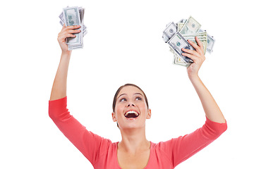 Image showing Money celebration, wow and studio woman excited for lotto win, competition prize or cash dollar award. Finance, payment or casino gambling, bingo or female poker winner isolated on white background