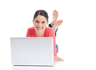 Image showing Studio laptop, relax or woman portrait on floor doing internet, website or digital web search for research project. Online shopping sales, ecommerce mockup or happy model isolated on white background