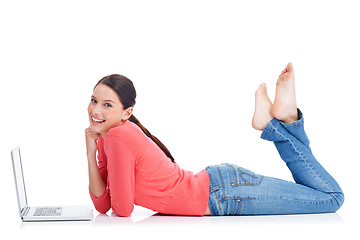 Image showing Laptop, studio smile and woman portrait on floor doing internet, website or digital web search for research project. Online shopping sales, e commerce girl or happy model isolated on white background