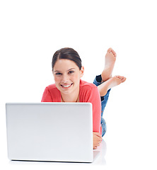 Image showing Studio laptop, relax portrait and woman smile on floor doing internet, website or digital web search for research project. Online shopping girl, e commerce or happy model isolated on white background