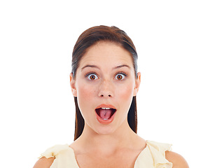 Image showing Face portrait, surprise and woman shocked over winner notification, discount announcement or studio news. Wow, omg facial expression and female model, winner or person isolated on white background