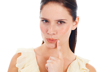 Image showing Thinking, face portrait and curious woman contemplating ideas, question or doubt for problem solving solution. Opinion, choice and studio person think of decision, plan or option on white background