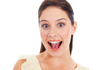 Image showing Surprise, happiness or woman excited for portrait news, studio sales discount or prize giveaway. Competition winner, celebration and face of person shout for winning notification on white background