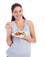 Image showing Portrait smile, studio woman and salad for weight loss diet, vegan healthcare or vegetables for wellness lifestyle. Food bowl, nutritionist face and health model eating isolated on white background