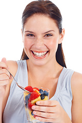 Image showing Happy portrait, woman or fruit salad mix for body weight loss, vegan diet or healthcare detox for wellness lifestyle. Food glass, nutritionist face or studio model eating isolated on white background