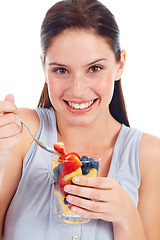 Image showing Portrait smile, woman or fruit salad for body weight loss, vegan diet or healthcare detox for wellness lifestyle. Food glass, nutritionist face or studio model eating isolated on white background