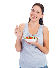 Image showing Happy portrait, studio and woman with salad for weight loss diet, vegan healthcare or vegetables in wellness lifestyle. Food bowl, nutritionist and health model eating isolated on white background