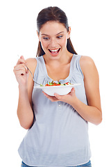 Image showing Happy woman, studio surprise and wow salad for weight loss diet, vegan healthcare or vegetables for wellness lifestyle. Food bowl, nutritionist and health model eating isolated on white background