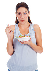 Image showing Studio woman, portrait and delicious salad for weight loss diet, vegan healthcare or vegetables for wellness lifestyle. Food bowl, nutritionist and health model eating isolated on white background