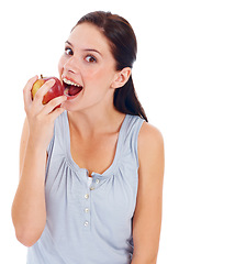 Image showing Eating apple, portrait and health woman with fruit product to lose weight, diet or body detox for wellness lifestyle. Studio healthcare, nutritionist food and vegan girl isolated on white background