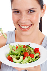 Image showing Happy woman, studio face portrait and salad for weight loss diet, vegan health or vegetables for wellness lifestyle. Food bowl, nutritionist girl and closeup model eating isolated on white background