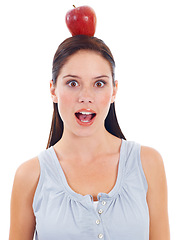 Image showing Apple, health or portrait of woman surprise and fruit for nutritionist food, healthy eating or body wellness. Shocked vegan face, head balance or wow female person isolated on studio white background