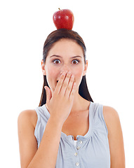 Image showing Apple, face portrait or woman surprise with fruit product to lose weight, healthcare diet or detox for wellness lifestyle. Vegan health, nutritionist food or studio model isolated on white background