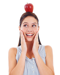 Image showing Head balance, face and happy woman with apple fruit product to lose weight, diet or detox for wellness lifestyle. Vegan health, natural nutritionist food or female person isolated on white background