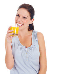 Image showing Orange juice, studio portrait and happy woman with drink glass for hydration, liquid detox or natural weight loss. Healthcare wellness, nutritionist beverage and model isolated on white background