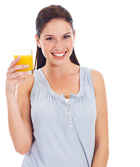 Image showing Orange juice, studio portrait and woman with drink glass for body hydration, liquid detox or natural weight loss. Wellness smile, nutritionist beverage and female person isolated on white background