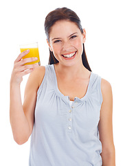 Image showing Orange juice, happy portrait and studio woman with drink glass for hydration, liquid detox or natural weight loss. Healthcare wellness, nutritionist beverage and model isolated on white background