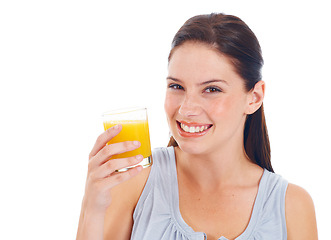 Image showing Orange juice, portrait and studio woman with glass drink for hydration, liquid detox or natural weight loss. Nutritionist wellness, vitamin c and happy female person isolated on white background