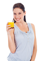 Image showing Orange juice, studio portrait and happy woman with glass drink for hydration, liquid detox or natural weight loss. Healthcare wellness, nutritionist beverage and model isolated on white background