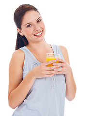 Image showing Orange juice, portrait smile and studio woman with drink glass for hydration, liquid detox or natural weight loss. Healthcare wellness, nutritionist beverage and model isolated on white background