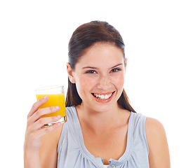 Image showing Orange juice, portrait smile and woman with glass drink for hydration, liquid detox or natural weight loss. Healthcare wellness, nutritionist beverage and studio model isolated on white background