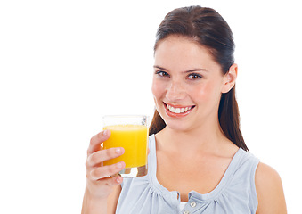 Image showing Orange juice, studio health portrait and happy woman with drink glass for hydration, liquid detox or natural weight loss. Wellness, nutritionist beverage and model isolated on mockup white background