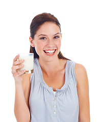 Image showing Portrait, laughing woman and glass of milk for vitamin D healthcare benefits, bone health or nutritionist hydration drink. Calcium dairy product, wellness or studio model isolated on white background