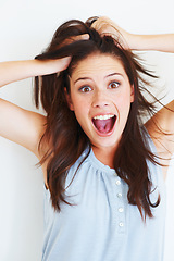 Image showing Portrait, surprise and woman touching her hair in studio isolated on a white background. Wow, omg and face of female person with surprised expression, emoji and good news, announcement and shocked.