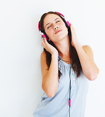 Image showing Music headphones, relax or woman listening to girl song, wellness audio podcast or radio sound. Calm studio, freedom peace or gen z model streaming mental health playlist isolated on white background