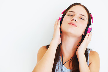 Image showing Music headphones, wellness and woman listening to calm song, relax audio podcast or radio sound. Studio mockup, freedom peace and model streaming mental health playlist isolated on white background