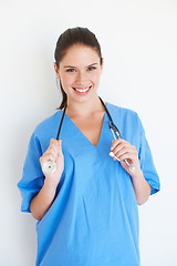 Image showing Happy portrait, stethoscope and nurse smile for nursing studio, wellness service or cardiology healthcare support. Medicine doctor, caregiver woman or hospital surgeon isolated on white background