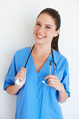 Image showing Health portrait, stethoscope and nurse happy for nursing career, medical healthcare or cardiology studio. Medicine doctor, caregiver woman or hospital surgeon with smile isolated on white background