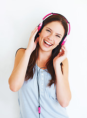 Image showing Music headphones, smile and woman portrait listening to fun girl song, wellness audio podcast or radio sound. Happy, studio freedom and gen z model streaming edm playlist isolated on white background