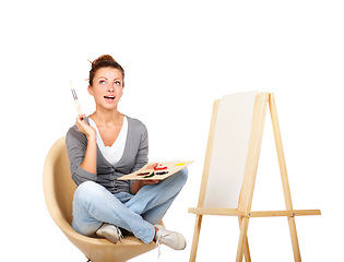 Image showing Painting, thinking and woman with art canvas in studio for creativity and talent with paint brush for color. Female artist or painter isolated on a white background for creative work and mockup ideas