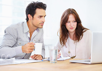 Image showing Computer, planning and business people teamwork, collaboration or online brainstorming, thinking and coffee for meeting. Woman, man or partner review, editing or working on laptop with project ideas