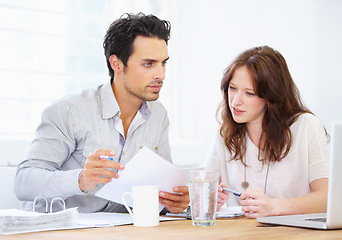 Image showing Laptop, documents and business people planning, teamwork ideas and online collaboration in office meeting. Woman, man or partner with job paperwork, project solution and problem solving on computer