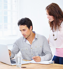 Image showing Laptop, advice and business people thinking, explaining and review of online proposal, planning and brainstorming in office. Professional woman and partner or boss on computer with ideas or feedback