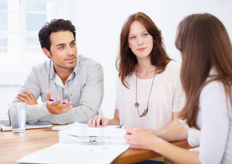 Image showing Meeting, questions and business people or manager with documents, seminar collaboration and talking of project. Paperwork, folder and speaker with group listening to discussion, ideas and clients b2b