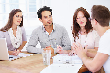 Image showing Meeting, planning and business people or manager with documents, seminar collaboration and talking of project. Paperwork, laptop and speaker with group listening to discussion of office startup ideas