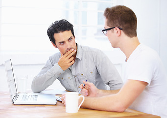 Image showing Review, thinking and documents of business people or partner in meeting for teamwork, job questions and startup project. Man, clients or manager talking with paperwork and laptop of b2b collaboration