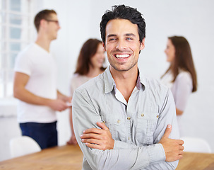 Image showing Man, portrait and arms crossed in business meeting with mindset for employee engagement, leadership and planning. Face of happy manager, creative worker or person with job, project or company startup