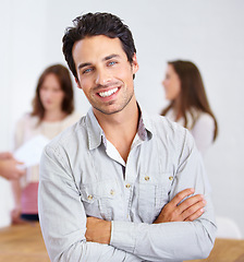 Image showing Portrait, smile and business man with arms crossed in office, workplace or company. Face, confidence and happy male professional, entrepreneur or person with pride for career, job and success mindset