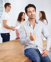 Image showing Thumbs up, success portrait and man in office meeting with winning, achievement or yes sign for employee engagement. Face of creative person like, teamwork and okay emoji or hand in career management