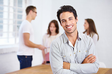 Image showing Portrait, happy and business man with arms crossed in office, workplace or company. Face, smile and confident male professional, entrepreneur or person with pride for career, job and success mindset