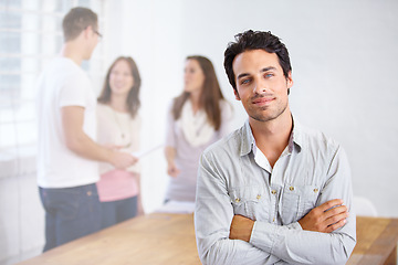 Image showing Portrait, serious and business man with arms crossed in office, workplace or company. Face, confident and male professional, entrepreneur or person with pride for career, job and success mindset