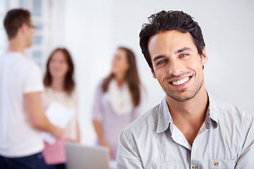 Image showing Face, smile and businessman in office, workplace or corporate company. Portrait, confident or happy male professional, entrepreneur or person with pride for career, job and success leadership mindset